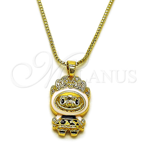 Collares con Dije 04.156.0468.1.18 Oro Laminado, Diseño de Box y Arco, con Blanca Zirconia Cubica, Esmaltado Blanco, Tono Dorado (01 MM Thickness, 18 Inches Length)