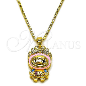Collares con Dije 04.156.0468.2.18 Oro Laminado, Diseño de Box y Arco, con Blanca Zirconia Cubica, Esmaltado Rosado Oscuro, Tono Dorado (01 MM Thickness, 18 Inches Length)