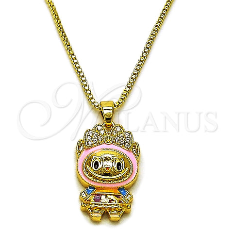 Collares con Dije 04.156.0468.2.18 Oro Laminado, Diseño de Box y Arco, con Blanca Zirconia Cubica, Esmaltado Rosado Oscuro, Tono Dorado (01 MM Thickness, 18 Inches Length)