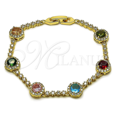 Pulsera Tennis 03.266.0034.1.07 Oro Laminado, Diseño de Cluster, con Multicolor and Blanca Zirconia Cubica, Pulido, Tono Dorado (Thickness, 7 Inches Length)