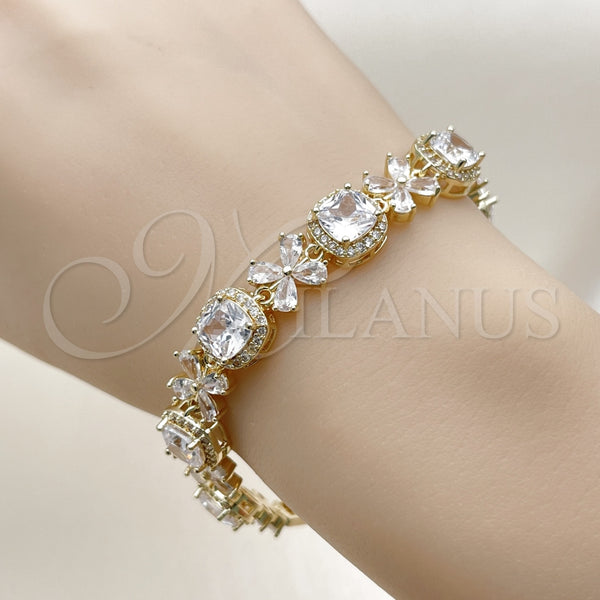 Pulsera Tennis 03.266.0038.07 Oro Laminado, Diseño de Cluster y Flor, con Blanca Zirconia Cubica, Pulido, Tono Dorado (Thickness, 8 Inches Length)