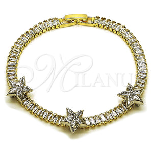 Pulsera Tennis 03.284.0062.07 Oro Laminado, Diseño de Estrella y Baguette, con Blanca Zirconia Cubica and Blanca Micro Pave, Pulido, Dos Tonos (05 MM Thickness, 7 Inches Length)