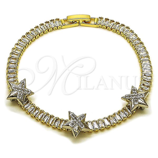 Pulsera Tennis 03.284.0062.07 Oro Laminado, Diseño de Estrella y Baguette, con Blanca Zirconia Cubica and Blanca Micro Pave, Pulido, Dos Tonos (05 MM Thickness, 7 Inches Length)