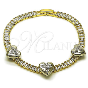 Pulsera Tennis 03.284.0063.07 Oro Laminado, Diseño de Corazón y Baguette, con Blanca Zirconia Cubica and Blanca Micro Pave, Pulido, Dos Tonos (05 MM Thickness, 7 Inches Length)