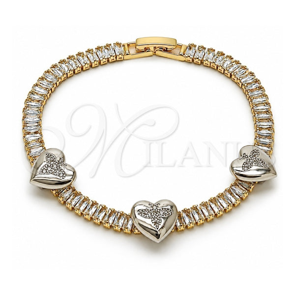 Pulsera Tennis 03.284.0063.07 Oro Laminado, Diseño de Corazón y Baguette, con Zirconia Cubica Blanca y Micro Pave Blanca, Pulido, Dos Tonos (Grosor 05 MM, 7 Pulgadas de Largo)