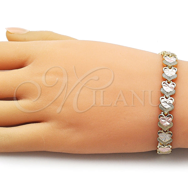 Pulsera Solida 03.213.0393.07 Oro Laminado, Diseño de Corazón, Diamantado, Tres Tonos (Thickness, 7 Inches Length)