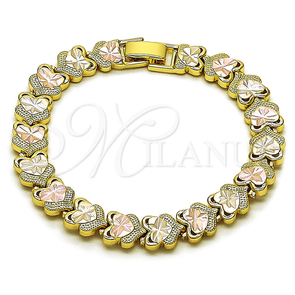 Pulsera Solida 03.213.0393.07 Oro Laminado, Diseño de Corazón, Diamantado, Tres Tonos (Thickness, 7 Inches Length)