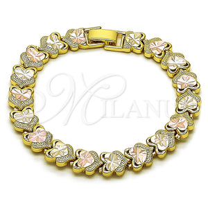 Pulsera Solida 03.213.0393.07 Oro Laminado, Diseño de Corazón, Diamantado, Tres Tonos (Thickness, 7 Inches Length)