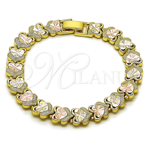 Pulsera Solida 03.213.0393.07 Oro Laminado, Diseño de Corazón, Diamantado, Tres Tonos (Thickness, 7 Inches Length)