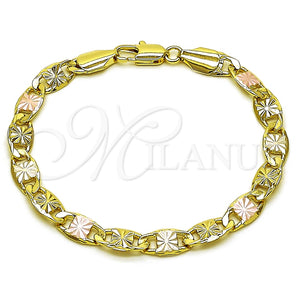 Pulsera Básica 03.213.0397.07 Oro Laminado, Diseño de Mariner, Diamantado, Tres Tonos (Grosor 06.5 MM, 8 Pulgadas de Largo)