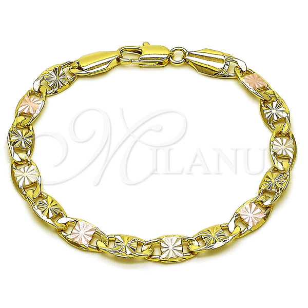 Pulsera Básica 03.213.0397.07 Oro Laminado, Diseño de Mariner, Diamantado, Tres Tonos (Grosor 06.5 MM, 8 Pulgadas de Largo)