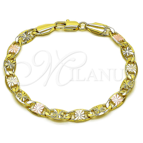 Pulsera Básica 03.213.0397.07 Oro Laminado, Diseño de Mariner, Diamantado, Tres Tonos (Grosor 06.5 MM, 8 Pulgadas de Largo)