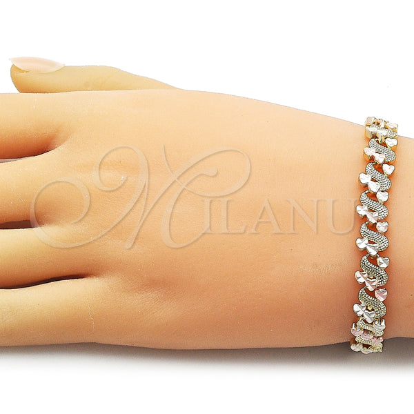 Pulsera Solida 03.213.0398.07 Oro Laminado, Diseño de Corazón, Diamantado, Tres Tonos (Thickness, 7 Inches Length)