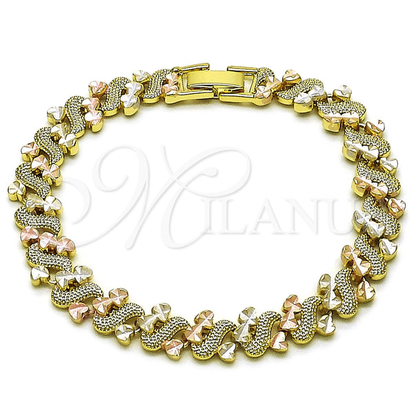 Pulsera Solida 03.213.0398.07 Oro Laminado, Diseño de Corazón, Diamantado, Tres Tonos (Thickness, 7 Inches Length)