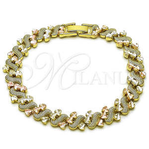 Pulsera Solida 03.213.0398.07 Oro Laminado, Diseño de Corazón, Diamantado, Tres Tonos (Thickness, 7 Inches Length)