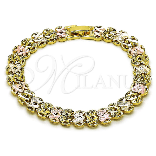 Pulsera Solida 03.213.0399.07 Oro Laminado, Diseño de Corazón, Diamantado, Tres Tonos (Grosor 08.7 MM, 7 Pulgadas de Largo)