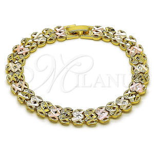 Pulsera Solida 03.213.0399.07 Oro Laminado, Diseño de Corazón, Diamantado, Tres Tonos (Grosor 08.7 MM, 7 Pulgadas de Largo)