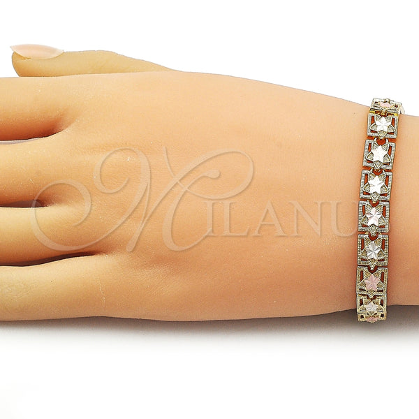 Pulsera Solida 03.213.0400.07 Oro Laminado, Diseño de Estrella, Diamantado, Tres Tonos (08 MM Thickness, 7 Inches Length)