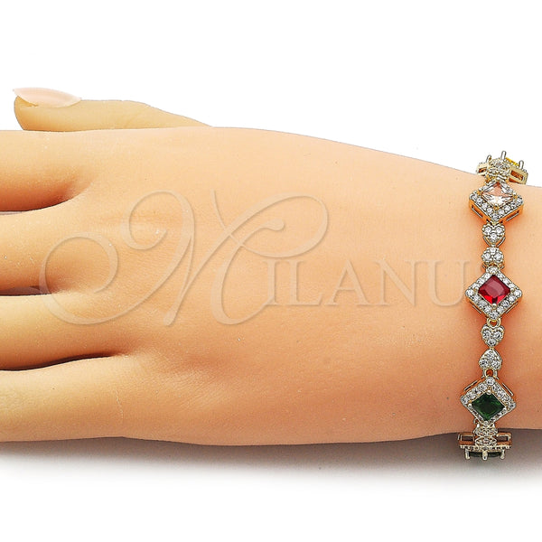 Pulsera Tennis 03.266.0051.07 Oro Laminado, Diseño de Cluster y Corazón, con Multicolor and Blanca Zirconia Cubica, Pulido, Tono Dorado (Thickness, 7 Inches Length)