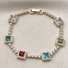 Pulsera Tennis 03.266.0053.1.07 Oro Laminado, Diseño de Cluster, con Zirconia Cubica Multicolor y Blanca, Pulido, Dorado