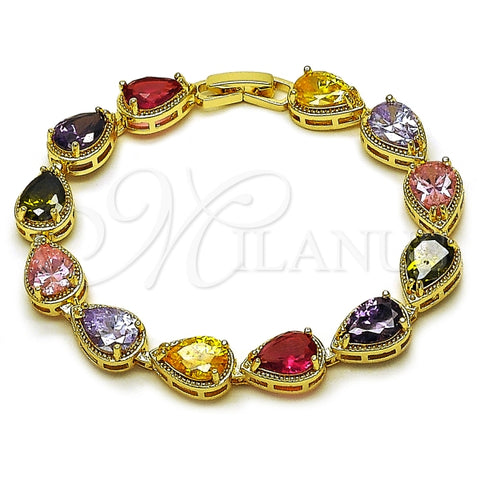 Pulsera Tennis 03.283.0519.07 Oro Laminado, Diseño de Gota, con Zirconia Cubica Multicolor, Diamantado, Dorado