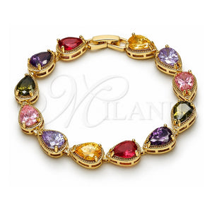 Pulsera Tennis 03.283.0519.07 Oro Laminado, Diseño de Gota, con Zirconia Cubica Multicolor, Diamantado, Tono Dorado (Grosor 09 MM, 7 Pulgadas de Largo)