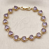 Pulsera Tennis 03.283.0520.07 Oro Laminado, Diseño de Corazón, con Zirconia Cubica Amatista, Pulido, Tono Dorado (Grosor 07.7 MM, 8 Pulgadas de Largo)