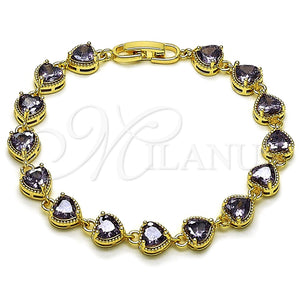 Pulsera Tennis 03.283.0520.07 Oro Laminado, Diseño de Corazón, con Zirconia Cubica Amatista, Pulido, Tono Dorado (Grosor 07.7 MM, 8 Pulgadas de Largo)
