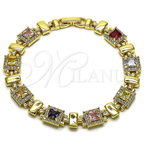 Pulsera Tennis 03.283.0521.08 Oro Laminado, Diseño de Cluster, con Zirconia Cubica Multicolor y Blanca, Pulido, Dorado