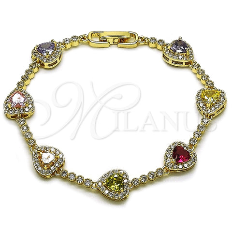 Pulsera Tennis 03.283.0524.07 Oro Laminado, Diseño de Corazon y Cluster, Diseño de Corazon, con Zirconia Cubica Multicolor y Blanca, Pulido, Dorado