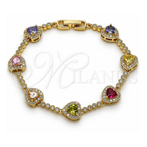 Pulsera Tennis 03.283.0524.07 Oro Laminado, Diseño de Corazón y Cluster, con Zirconia Cubica Multicolor y Blanca, Pulido, Tono Dorado (Grosor 09.5 MM, 8 Pulgadas de Largo)
