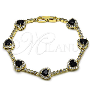 Pulsera Tennis 03.283.0524.1.07 Oro Laminado, Diseño de Corazón y Cluster, con Zirconia Cubica Negro y Blanca, Pulido, Tono Dorado (Grosor 09.7 MM, 8 Pulgadas de Largo)