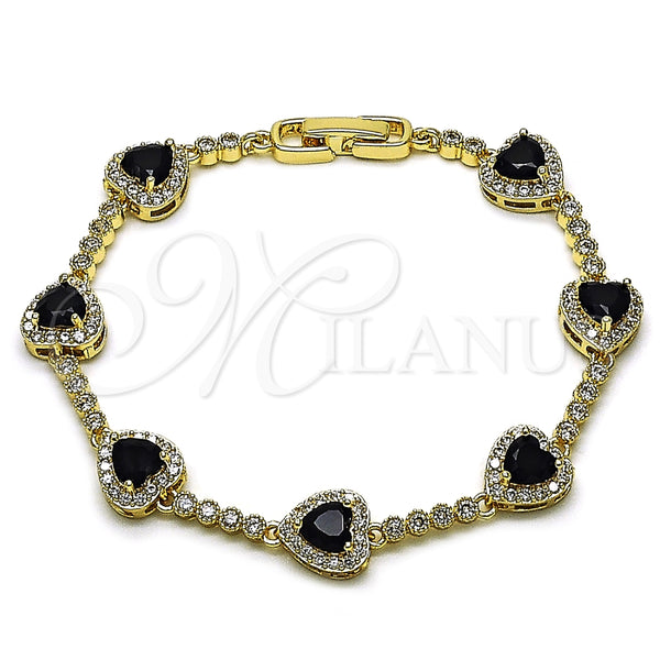 Pulsera Tennis 03.283.0524.1.07 Oro Laminado, Diseño de Corazón y Cluster, con Zirconia Cubica Negro y Blanca, Pulido, Tono Dorado (Grosor 09.7 MM, 8 Pulgadas de Largo)
