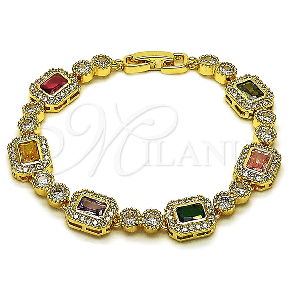 Pulsera Tennis 03.283.0530.07 Oro Laminado, Diseño de Baguette y Cluster, con Multicolor and Blanca Zirconia Cubica, Pulido, Tono Dorado (Thickness, 7 Inches Length)
