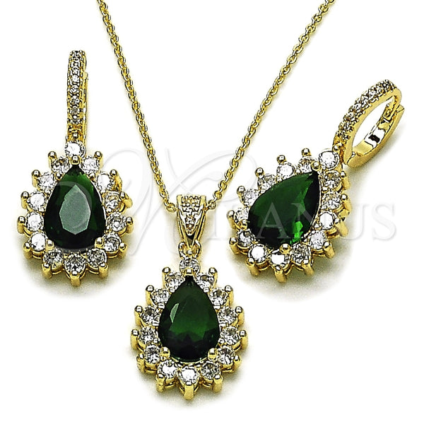 Juego de Arete y Dije de Adulto 10.438.0002.1 Oro Laminado, Diseño de Gota y Cluster, con Verde and Blanca Zirconia Cubica, Pulido, Tono Dorado