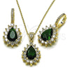Juego de Arete y Dije de Adulto 10.438.0002.1 Oro Laminado, Diseño de Gota y Cluster, con Verde and Blanca Zirconia Cubica, Pulido, Tono Dorado