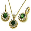 Juego de Arete y Dije de Adulto 10.438.0004.1 Oro Laminado, Diseño de Cluster, con Verde and Blanca Zirconia Cubica, Pulido, Tono Dorado