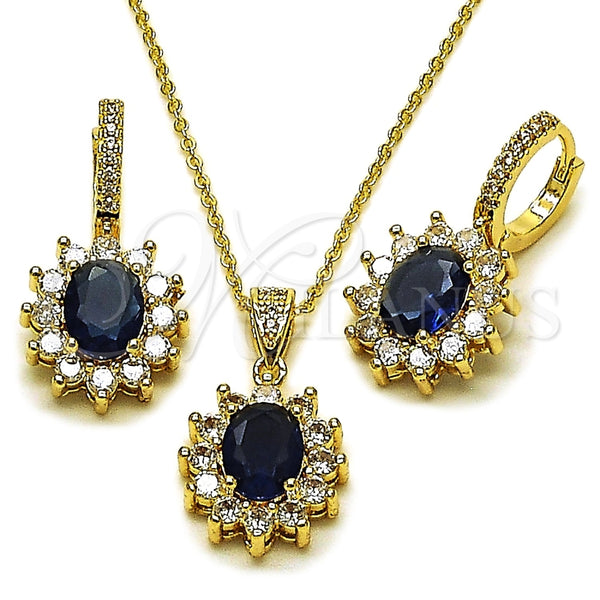 Juego de Arete y Dije de Adulto 10.438.0004.2 Oro Laminado, Diseño de Cluster, con Zafiro Azul and Blanca Zirconia Cubica, Pulido, Tono Dorado