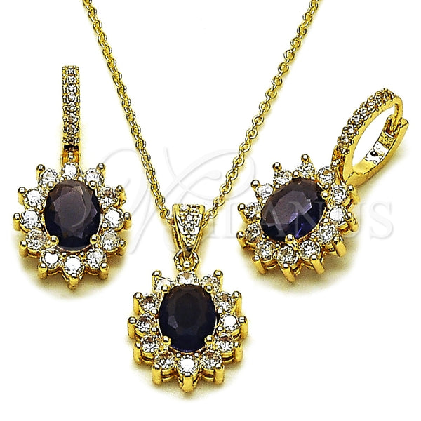 Juego de Arete y Dije de Adulto 10.438.0004.4 Oro Laminado, Diseño de Cluster, con Amatista and Blanca Zirconia Cubica, Pulido, Tono Dorado