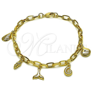 Pulsera de Dije 04.63.1449.07 Oro Laminado, Diseño de Concha y Caracol, Pulido, Tono Dorado (Grosor 04.3 MM, 8 Pulgadas de Largo)