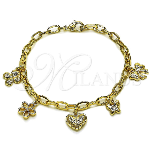 Pulsera de Dije 04.63.1450.07 Oro Laminado, Diseño de Corazón y Flor, Pulido, Tono Dorado (Grosor 04.3 MM, 8 Pulgadas de Largo)