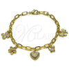 Pulsera de Dije 04.63.1450.07 Oro Laminado, Diseño de Corazón y Flor, Pulido, Tono Dorado (Thickness, 8 Inches Length)