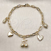 Pulsera de Dije 04.63.1451.07 Oro Laminado, Diseño de Cereza y Corazón, Pulido, Tono Dorado (Grosor 04.3 MM, 8 Pulgadas de Largo)