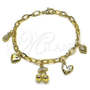 Pulsera de Dije 04.63.1451.07 Oro Laminado, Diseño de Cereza y Corazón, Pulido, Tono Dorado (Grosor 04.3 MM, 8 Pulgadas de Largo)