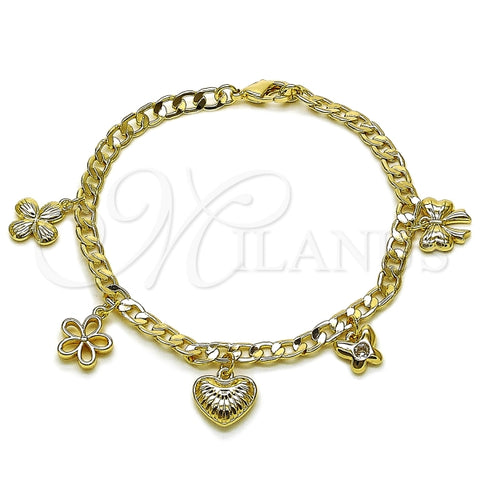 Pulsera de Dije 03.63.2300.07 Oro Laminado, Diseño de Corazon y Mariposa, Diseño de Corazon, Pulido, Dorado