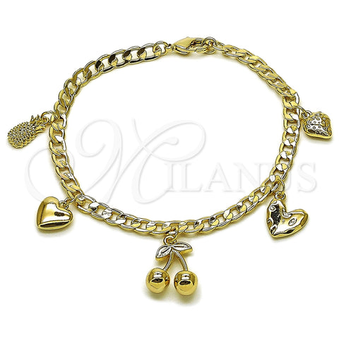 Pulsera de Dije 03.63.2301.07 Oro Laminado, Diseño de Cereza y Corazón, Pulido, Tono Dorado (Thickness, 8 Inches Length)