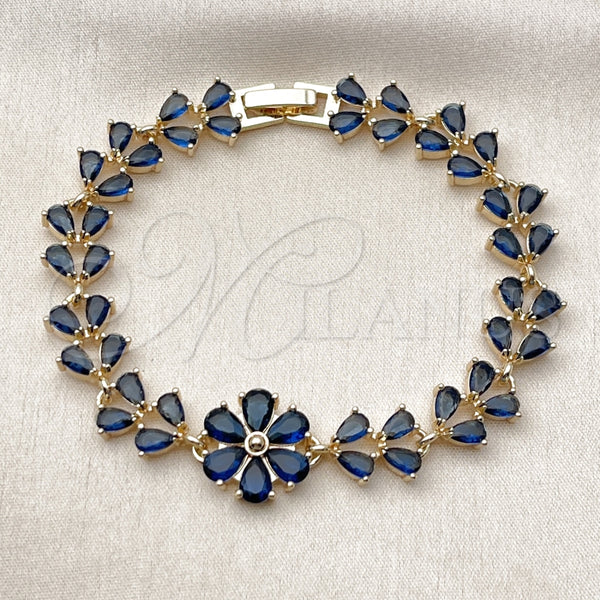 Pulsera Tennis 03.266.0055.3.07 Oro Laminado, Diseño de Flor y Gota, con Zirconia Cubica Zafiro Azul, Pulido, Tono Dorado (Grosor 09.6 MM, 8 Pulgadas de Largo)
