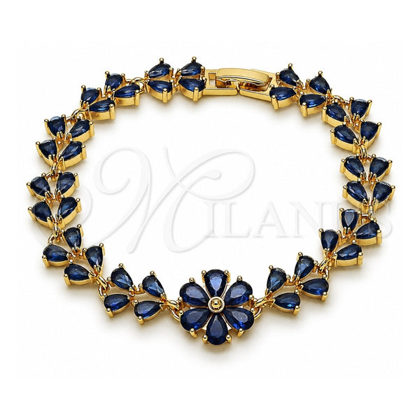 Pulsera Tennis 03.266.0055.3.07 Oro Laminado, Diseño de Flor y Gota, con Zirconia Cubica Zafiro Azul, Pulido, Tono Dorado (Grosor 09.6 MM, 8 Pulgadas de Largo)