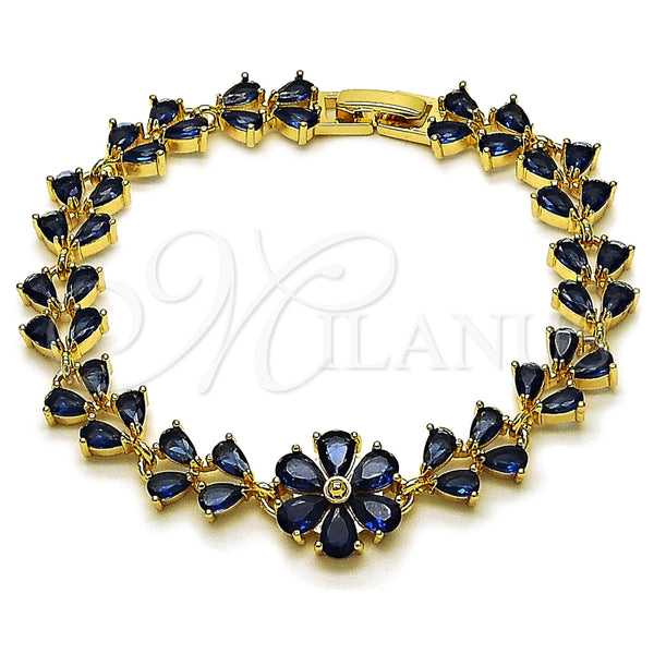 Pulsera Tennis 03.266.0055.3.07 Oro Laminado, Diseño de Flor y Gota, con Zirconia Cubica Zafiro Azul, Pulido, Tono Dorado (Grosor 09.6 MM, 8 Pulgadas de Largo)
