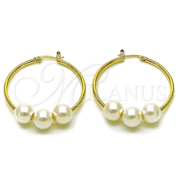 Argolla Mediana 02.213.0855.40 Oro Laminado, Diseño de Bola, con Marfil Perla, Pulido, Tono Dorado